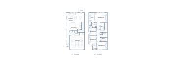 A blueprint shows the layout of a two-story house with labeled rooms.