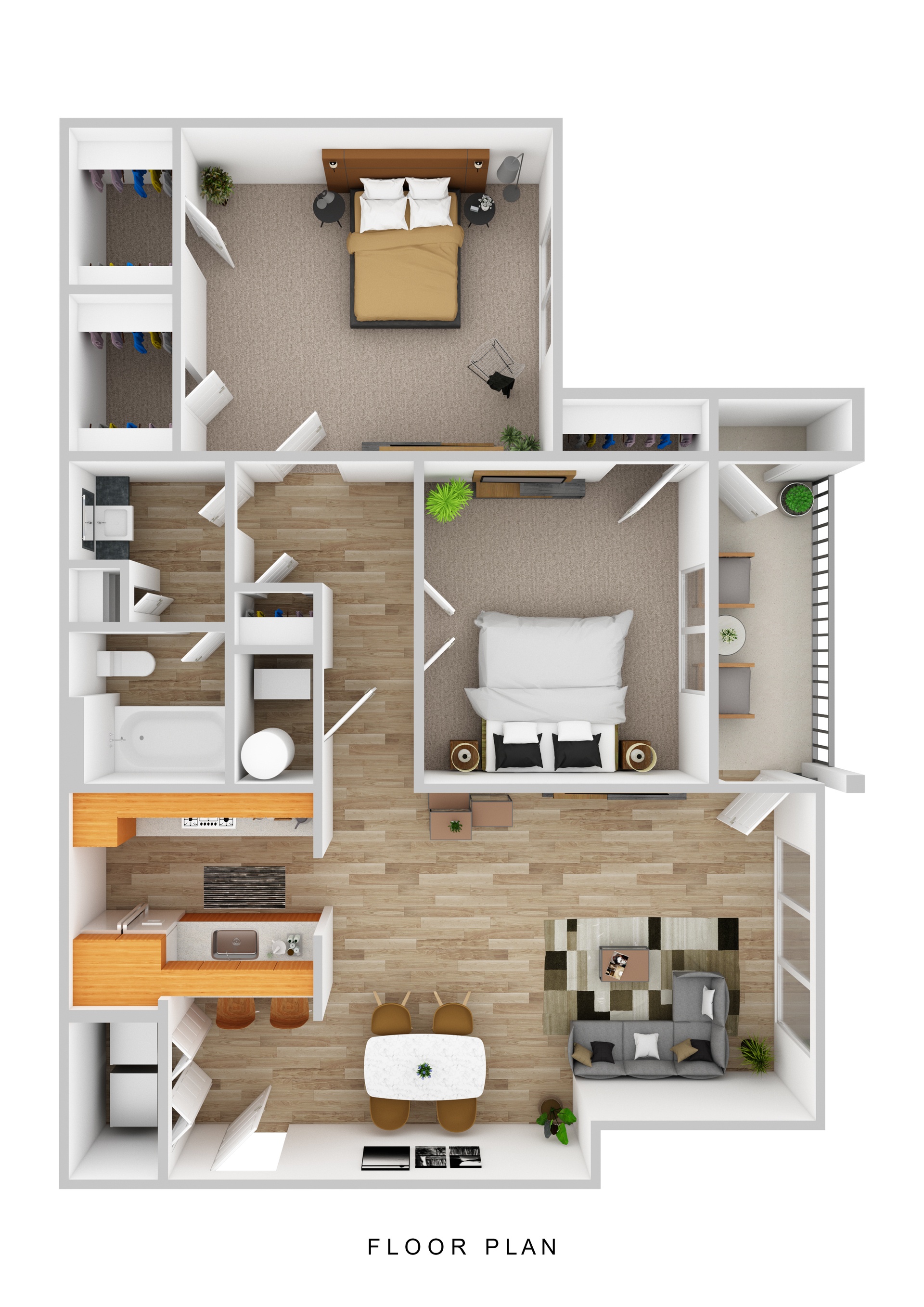 A floor plan of a house with a living room, kitchen, and two bedrooms.