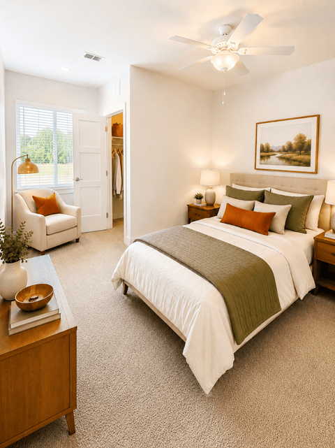 A bedroom with a large bed and a painting on the wall.