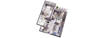 A top-down view of a modern apartment layout with a kitchen, living room, and bathroom.