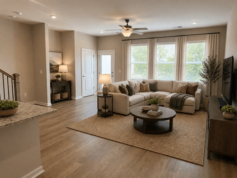 A living room with a couch, a coffee table, and a television.