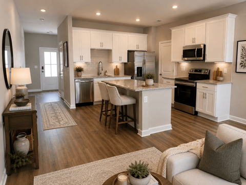 A modern kitchen with white cabinets and stainless steel appliances.