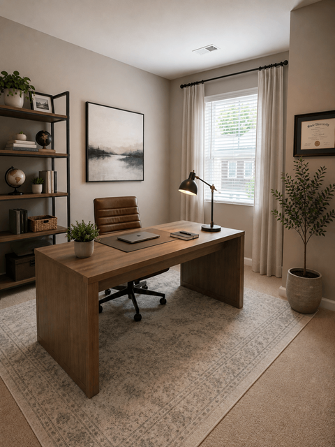 A wooden desk with a laptop, phone, and plant on it in a room with a window.