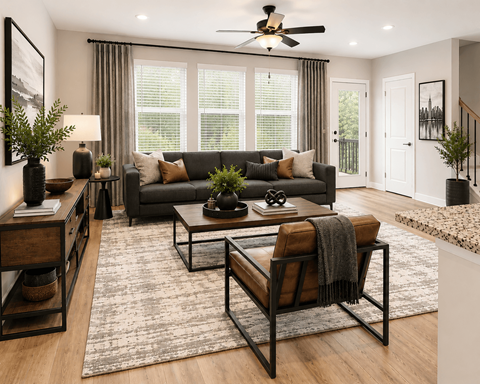 A modern living room with a grey sofa, a coffee table, and a ceiling fan.