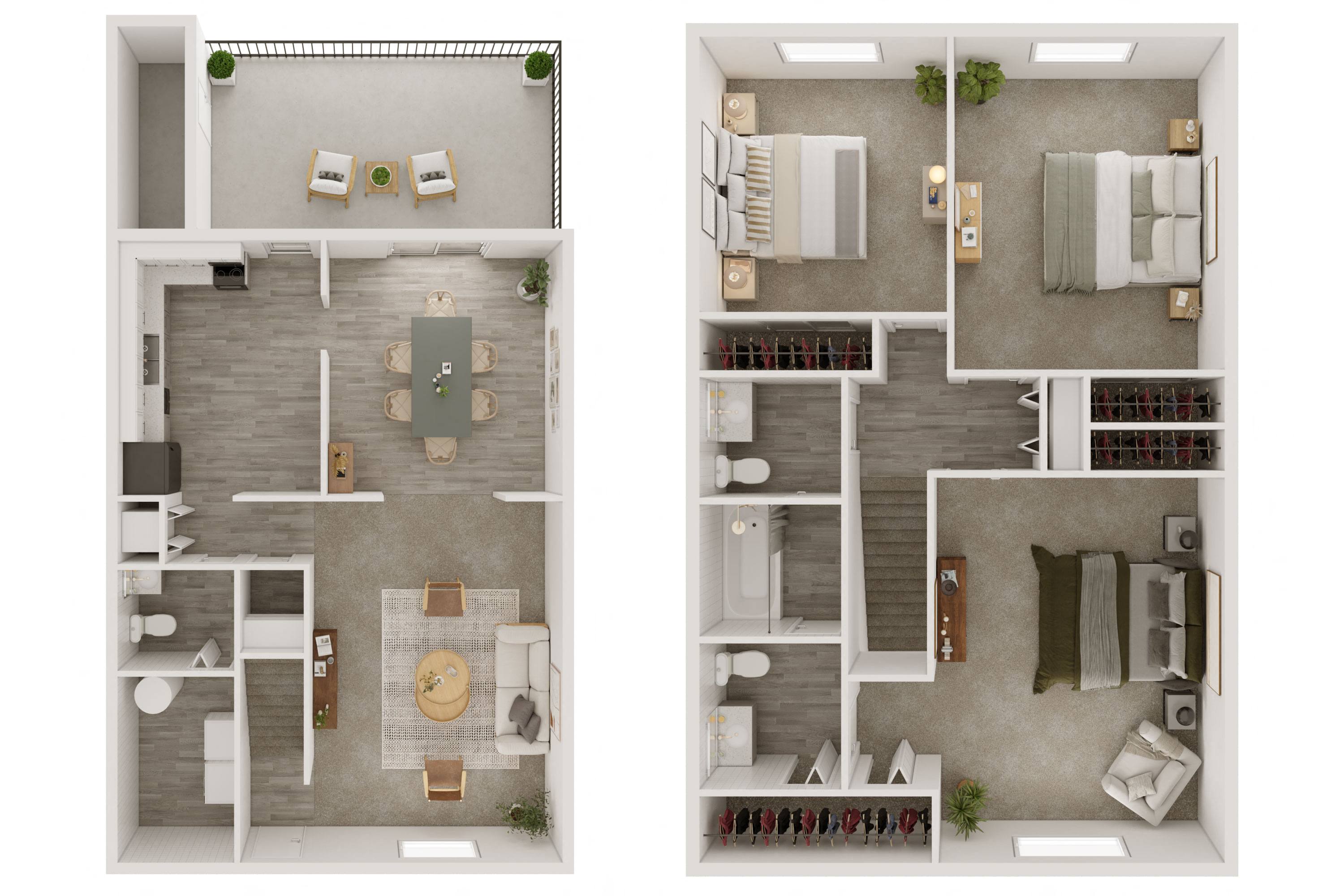 two views of a floor plan with bedrooms and a living room