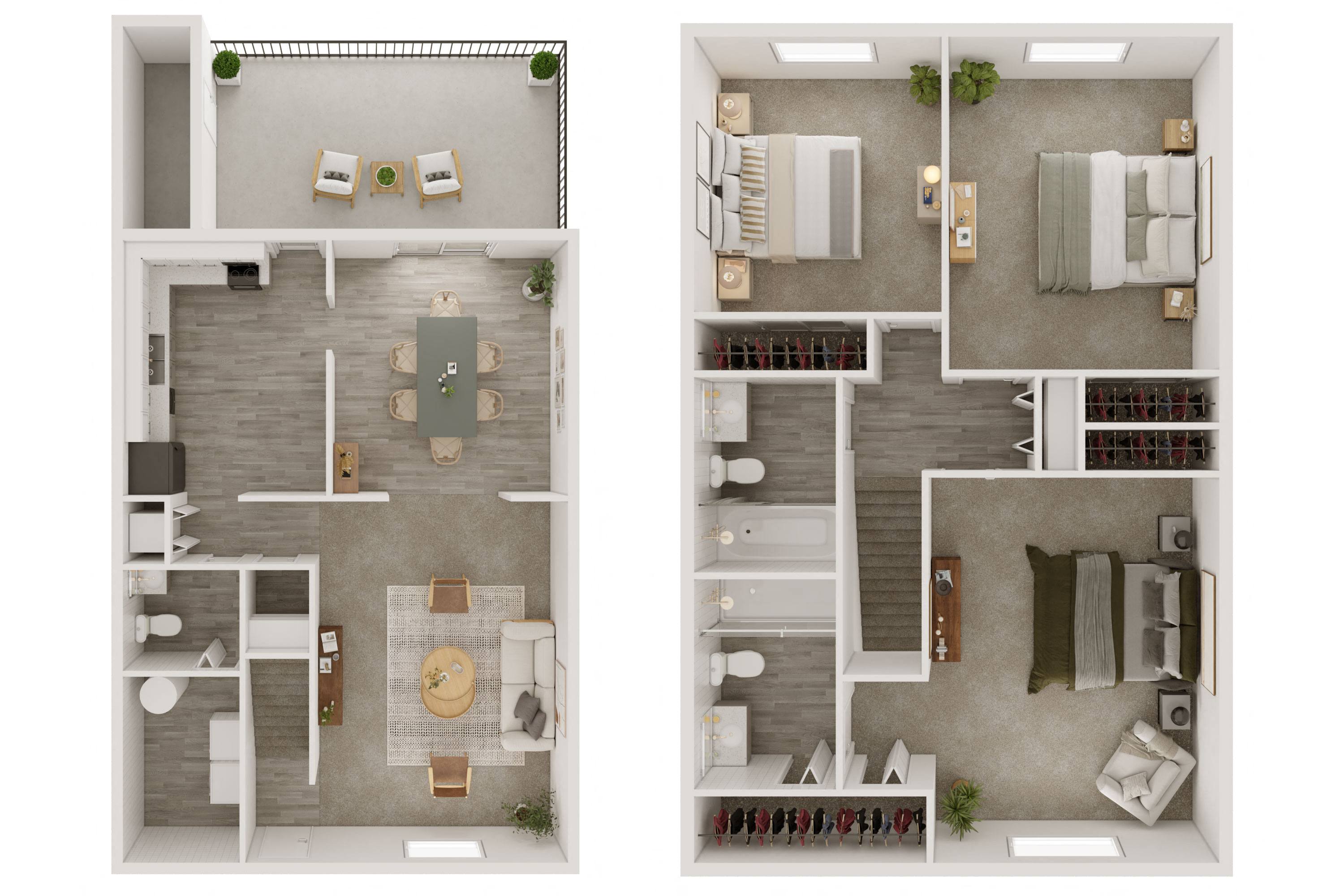two views of a floor plan with bedrooms and a living room