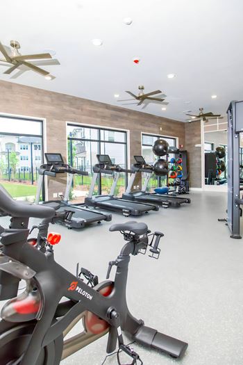 a gym with treadmills and other exercise equipment