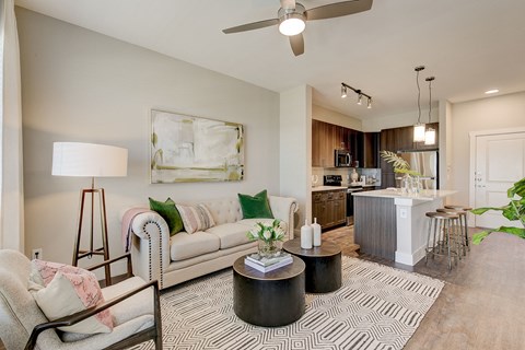 a living room with a couch and a table