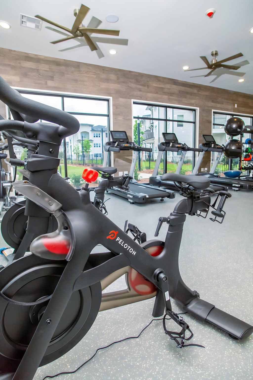 a group of exercise bikes in a gym