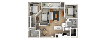 A 3D floor plan of a house with labeled rooms.