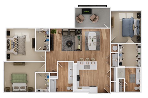 a 3d floor plan of a residence with a bedroom and a living room