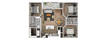 A top-down view of a small apartment layout with a living room, kitchen, and two bedrooms.