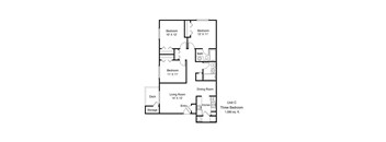 A floor plan of a three bedroom apartment.