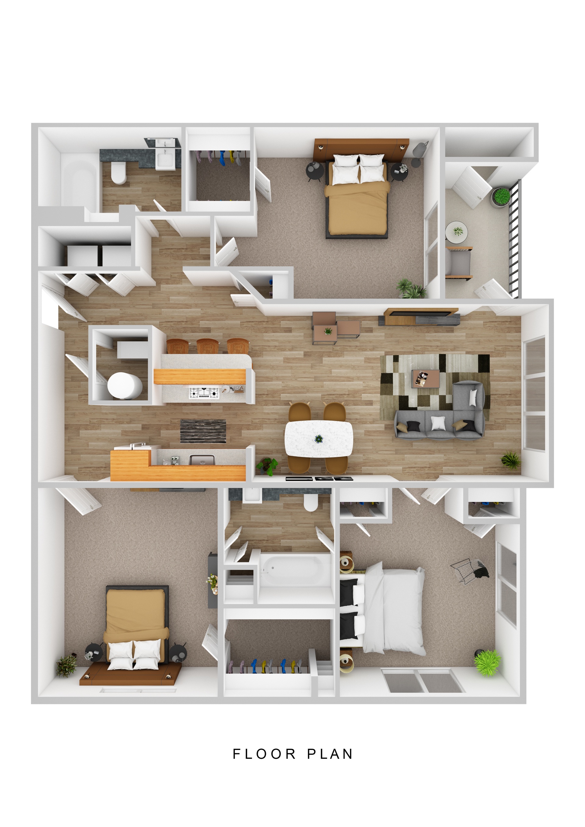 A floor plan of a house with a living room, kitchen, dining room, and bedrooms.