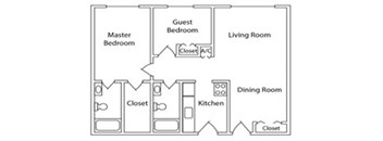 A floor plan of a house with a master bedroom, a guest bedroom, a living room, a dining room, a kitchen, and two closets.