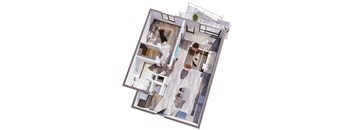 A top-down view of a modern apartment with a living room, kitchen, and bathroom.