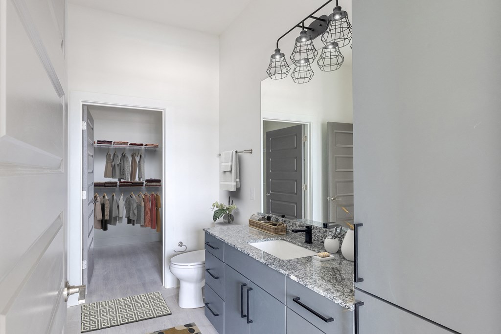 a bathroom with a sink and a mirror and a closet