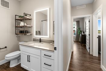 a bathroom with a large mirror and a sink and a toilet