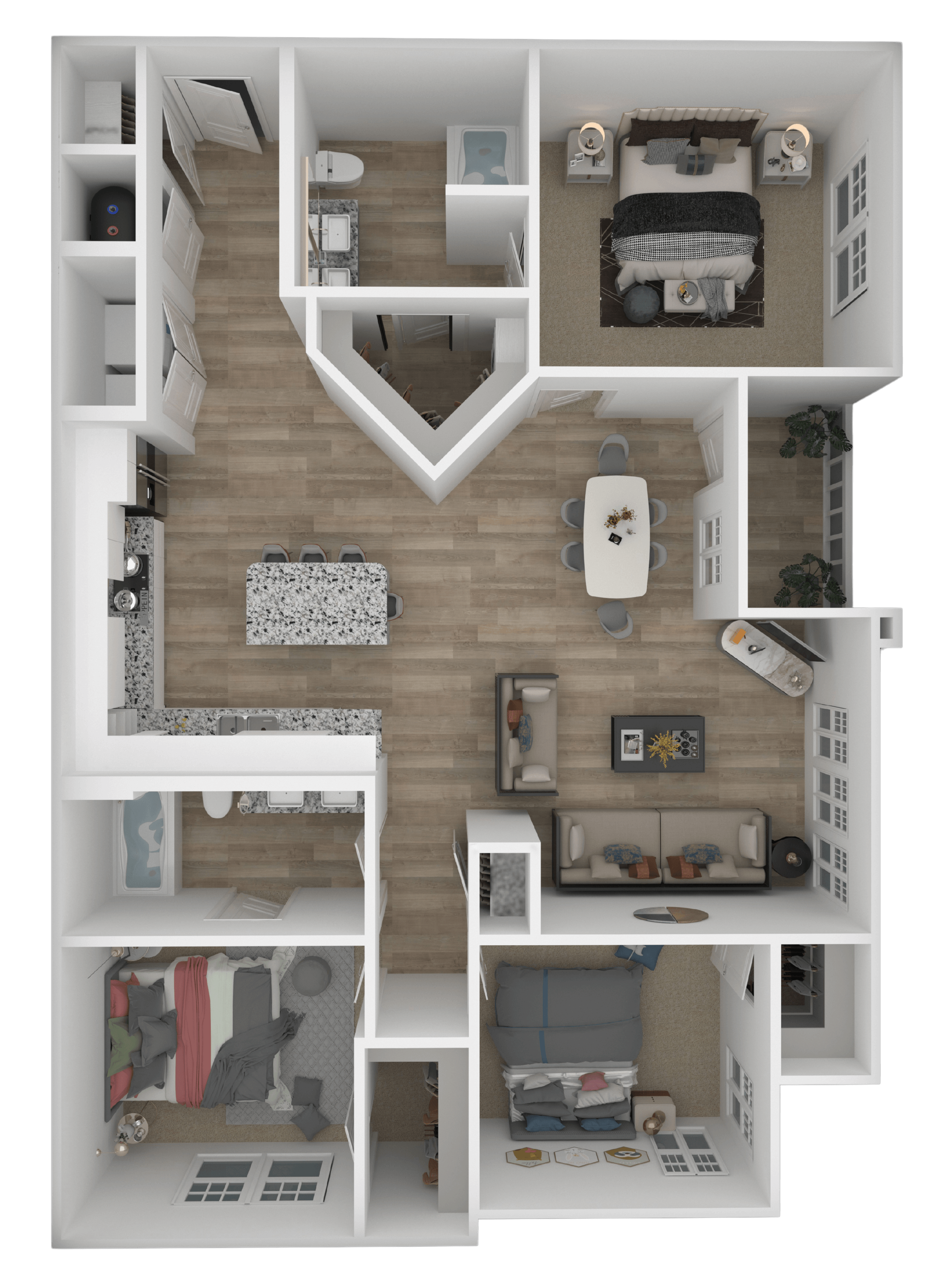 A dollhouse with a white and brown color scheme is displayed.