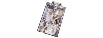 A top-down view of a small apartment with a living room, kitchen, and bathroom.