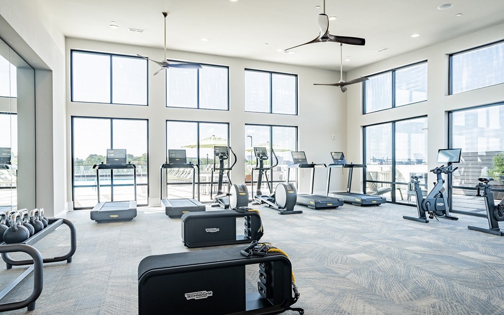 a gym with lots of cardio equipment and windows