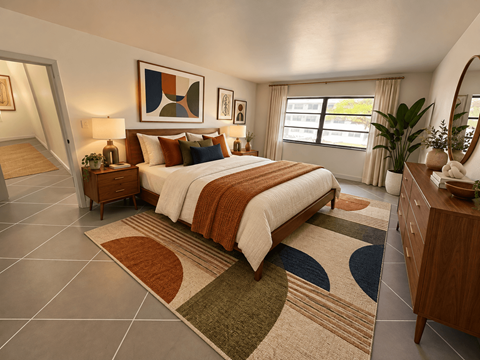 A bedroom with a large bed and a rug in front of it.