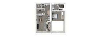 a stylized floor plan with a bedroom and a living room