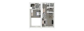 a stylized floor plan with a bedroom and a living room