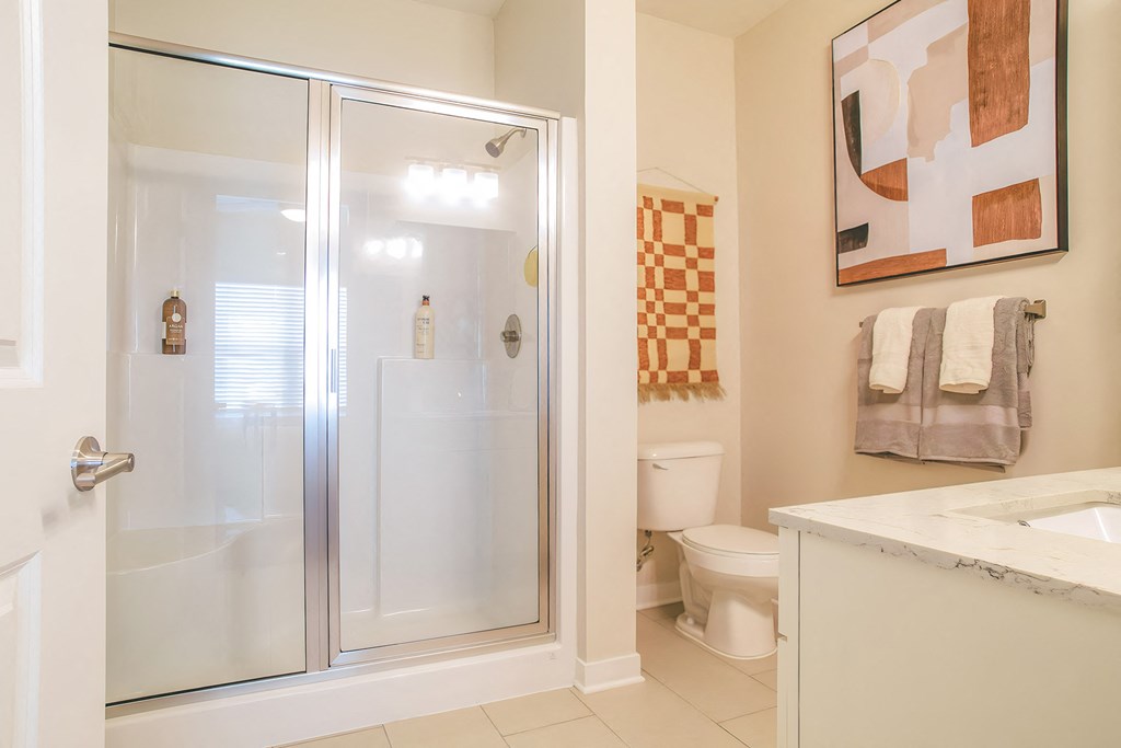 a bathroom with a shower and a toilet and a sink