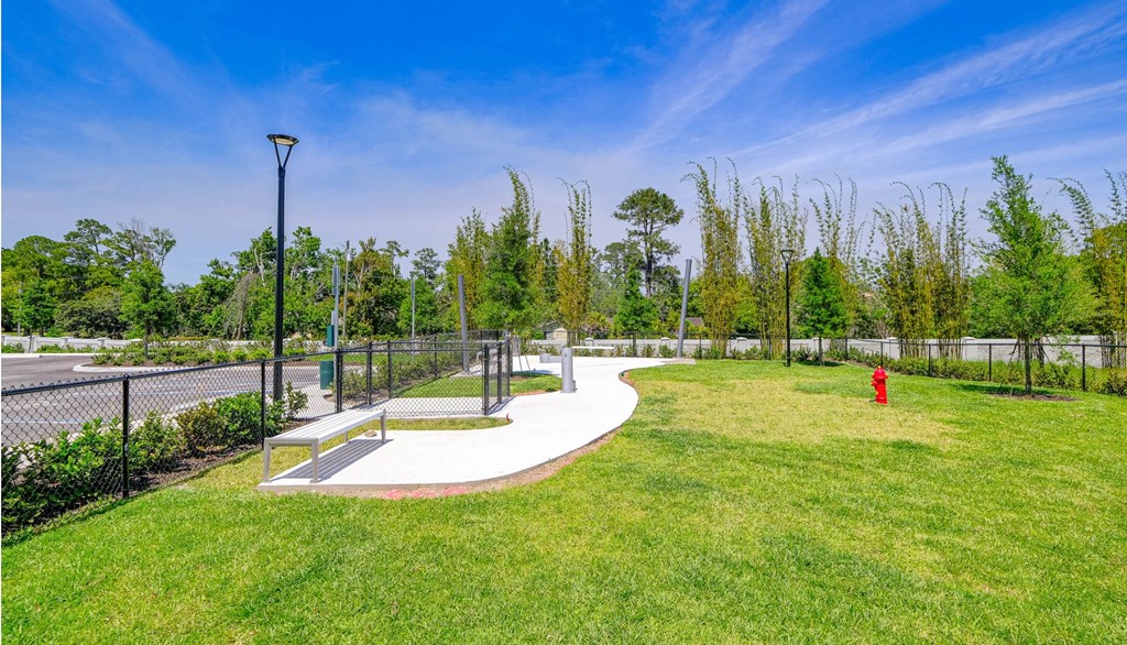 a park with a sidewalk and a fire hydrant