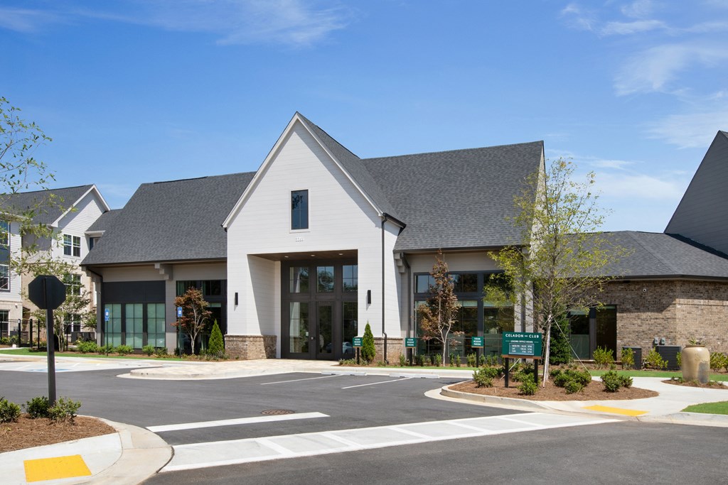 a building with a sign in front of it