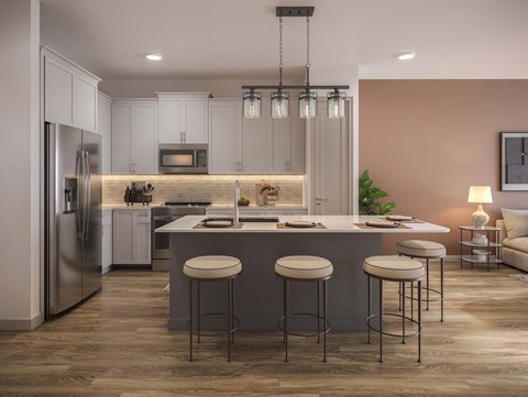 A modern kitchen with a refrigerator, stove, and bar stools.