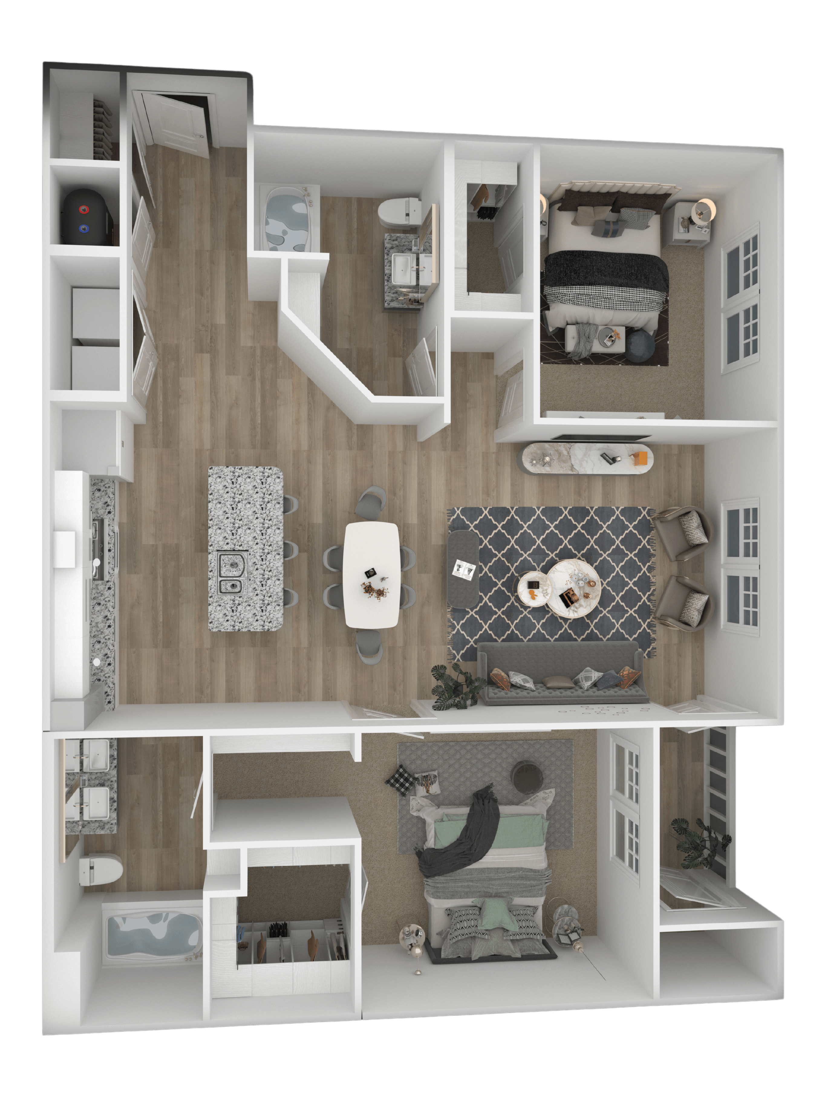 A dollhouse with a white and brown color scheme is displayed.