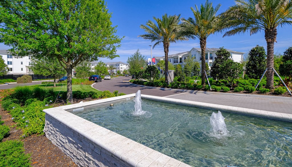 a fountain in a park with palm trees