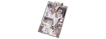 A top-down view of a modern apartment layout with a living room, kitchen, and bedrooms.