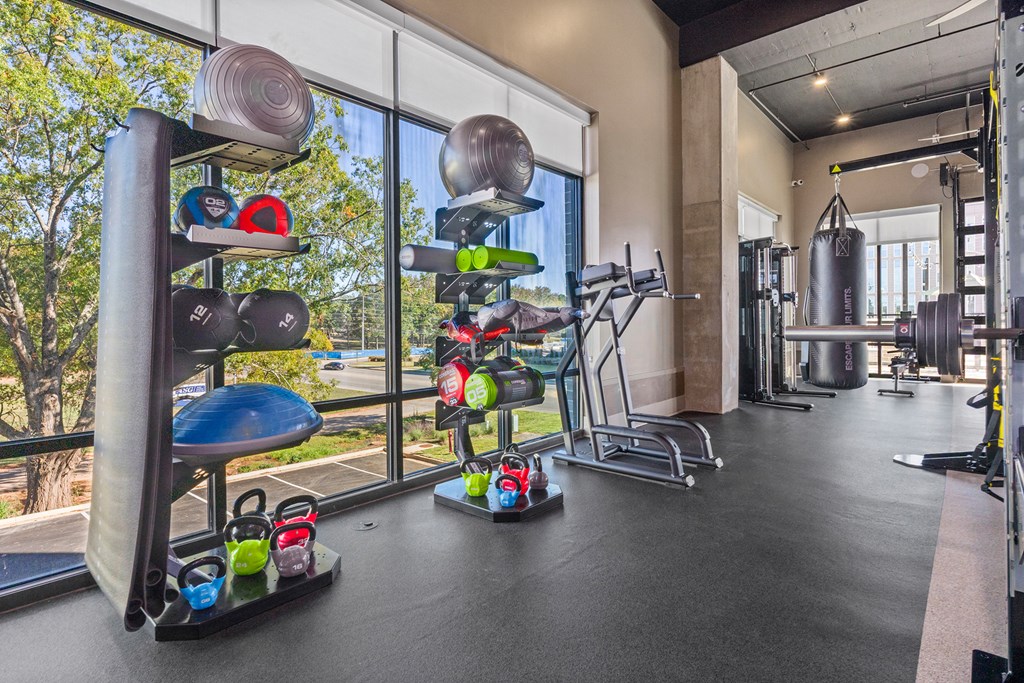 A gym with a variety of equipment including weights and a bench.