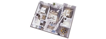 A top-down view of a multi-level apartment with a living room, kitchen, and bedrooms.