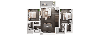 a 3d floor plan of a bedroom with a bathroom and a living room