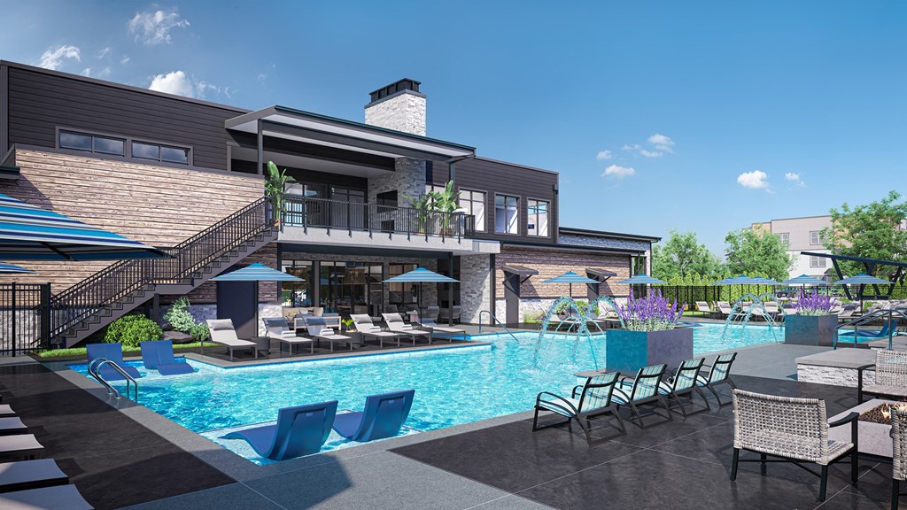 a swimming pool with chairs and umbrellas in front of a hotel