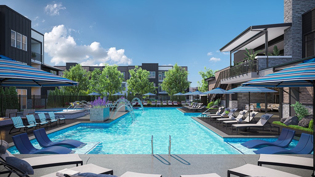 a rendering of a swimming pool with lounge chairs and umbrellas at a hotel