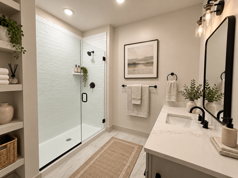 A bathroom with a glass shower door and a white sink.