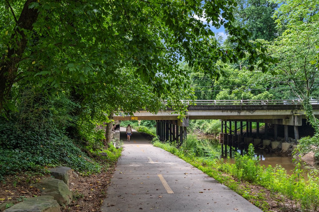 A pathway with a bridge in the background.