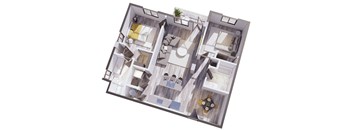 A 3D floor plan of a house with a kitchen, living room, and bathrooms.