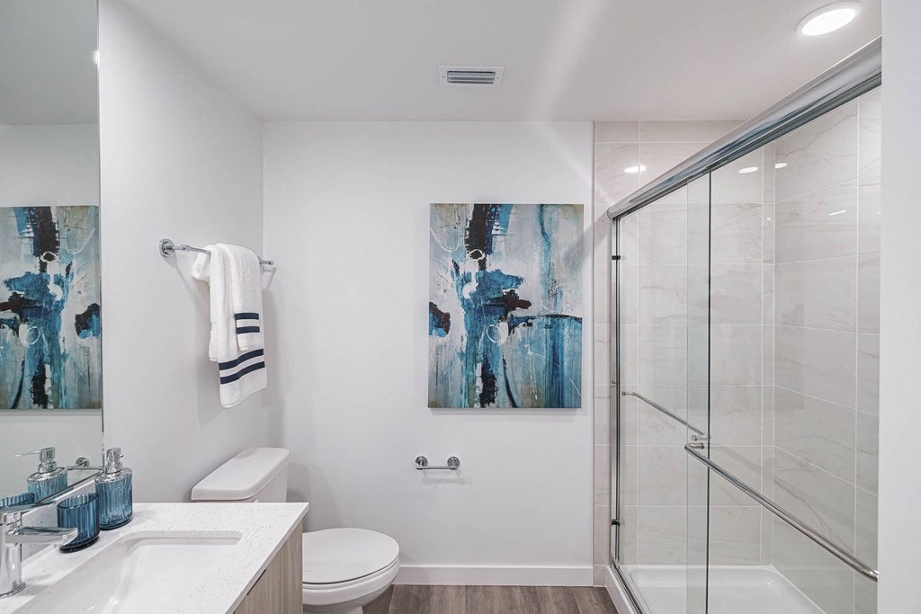 a bathroom with a shower and a sink and a toilet