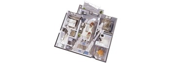 A top-down view of a multi-level home interior with various rooms and furniture.