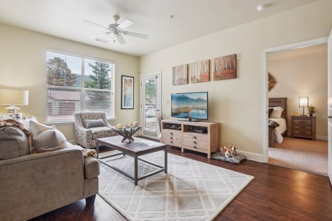 A living room with a grey couch, a coffee table, and a painting on the wall.