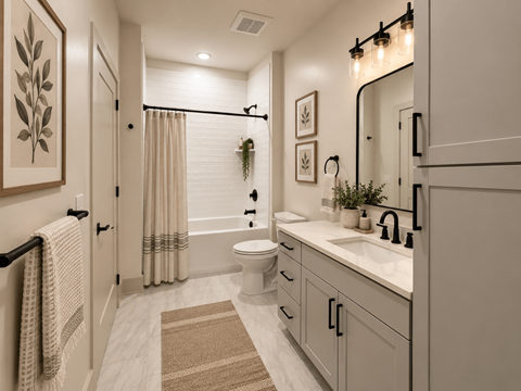 A bathroom with a toilet, sink, and shower.