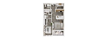 A floor plan of a small apartment with a kitchen, living room, and bathroom.
