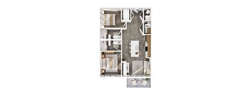 A floor plan of a small apartment with a kitchen, living room, and bathroom.