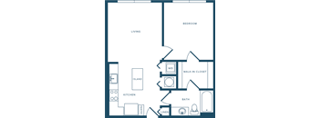 A simple floor plan of a small apartment with a living room, kitchen, bathroom, and bedroom.